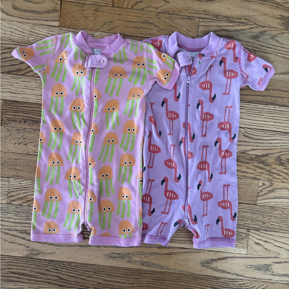 Hanna Andersson Kids Short-Sleeve Purple Jellyfish & Flamingo Pajama Rompers